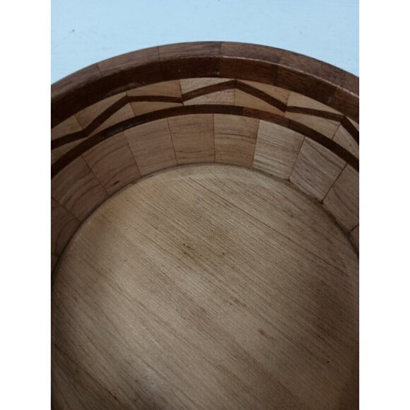 Vintage Red Oak Segmented Wood Round Serving Bowl Salad Rustic Hand Carved - Picture 3 of 8